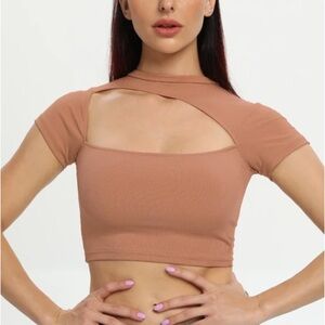 NEW Salmon Ribbed Crop Top Asymmetrical Cut-out Neckline Soft Material